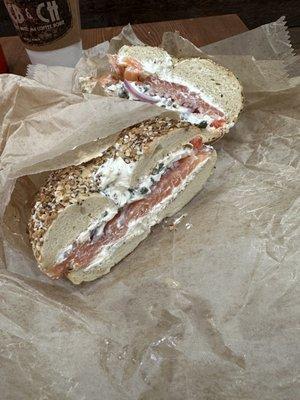 Lox cream cheese on everything bagel.