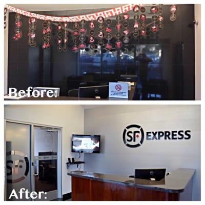 Lobby transformed with Brushed Aluminum wall panels, company logo and frosted logo cut glass doors