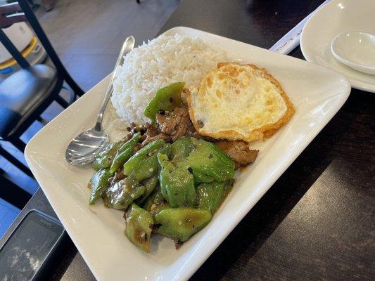 F7 Bitter Melon and Black Bean with Beef Rice Platter with a Fried Egg