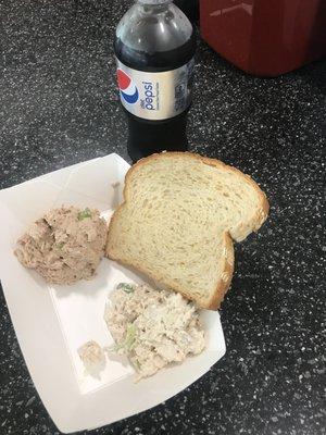 $8.17....that's one slide of bread, a scoop of tuna, a scoop of chicken salad and a 20oz soda.   Eight dollars and seventeen cents.