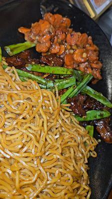 Mongolian beef, lo mein noodles and miso glazed carrots