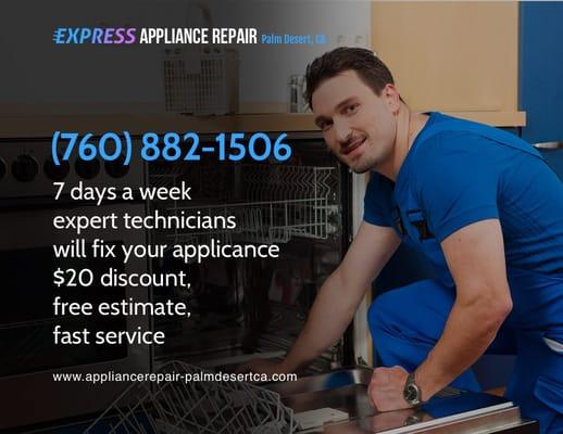 Express Appliance Repair of Palm Desert 7 Days a Week Expert Technicians Will Fix Your Appliance http://www.appliancerepair-palmdesertca.com