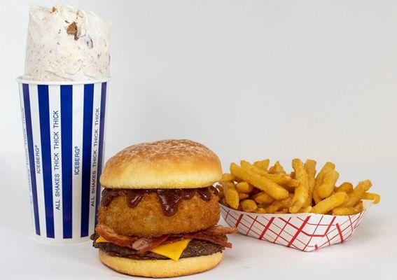 A regular Reeses shake, rodeo burger with hand breaded onion ring, and our famous fries.