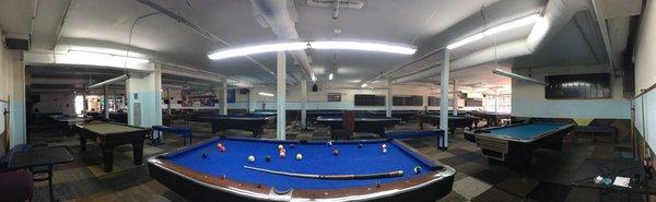 Panoramic from center of the pool hall just before noon, not long before they opened on a Friday.  Half the tables were in use by 2PM.