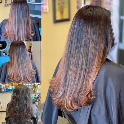 Brazilian blowout, balayage color melt and cut