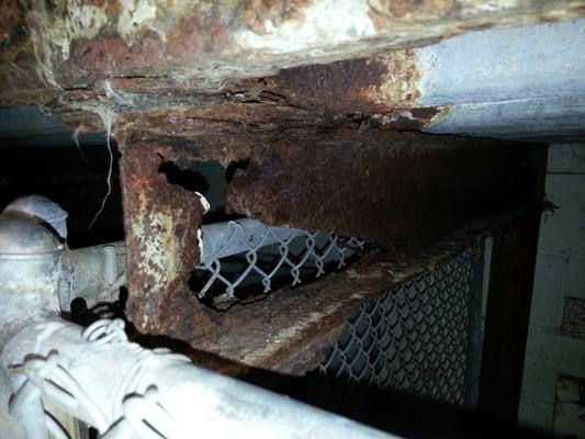 Rotted & rusted beams that are dangerous to your dog.