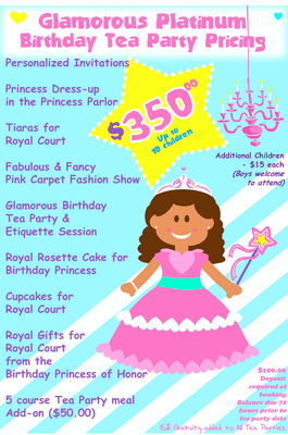 Glamorous Birthday Tea Party Pricing - ALL Inclusive and super sassy classy service. We'd Love to be your host!!! Call us Today