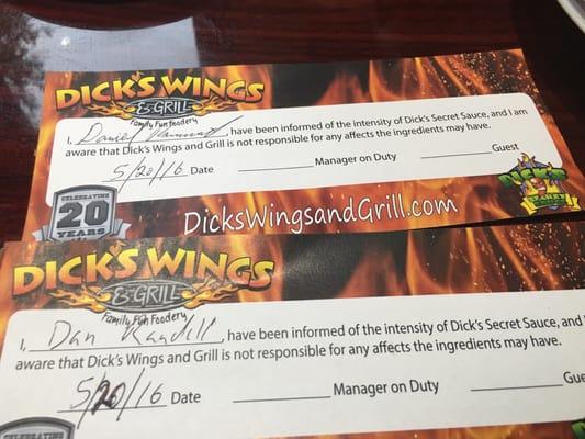 Signing form for dicks hottest wings