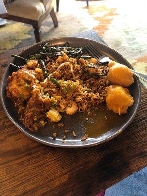 Orange chicken, shrimp fried rice, vegetable ego foo young, and Szechwan green beans.