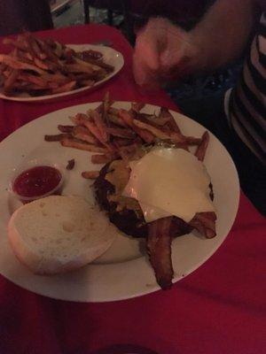 1lb bacon and cheese burger. Delicious, cooked well with a side of fresh made fries and cole slaw.