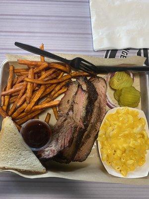 One meat 2 sides: Brisket, sweet potato fries, with Mac n cheese