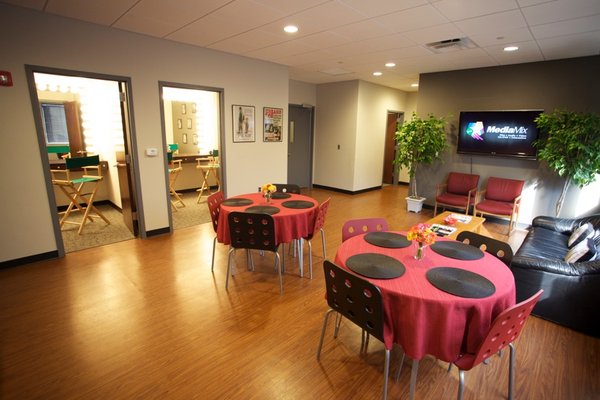 The comfortable green room at MediaMix Studios, just steps away from either of the sound stages.