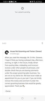 Owners response to review on Google before having it taken down