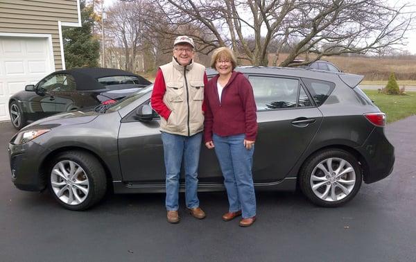 Bill & Sherry Shaffer, Honeyoye Falls, NY, with their Mazda 3 Sport hatchback obtained through AutoWise®