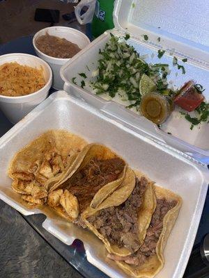 4 tacos= less than $10! Pollo, birria, bistec, brisket on corn tortilla. All tacos were $2 or $2.25 each! Added rice and beans for $1.5 each