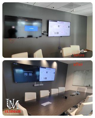 Conference room upgrades. Remove and replace camera.  Center monitors so they touch.