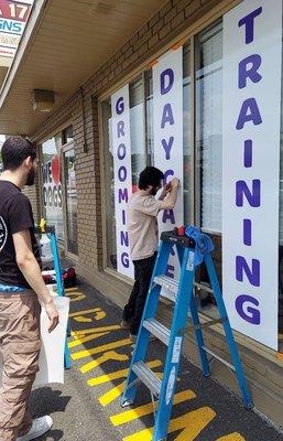 Setting up new signage for Dog Groomer shop