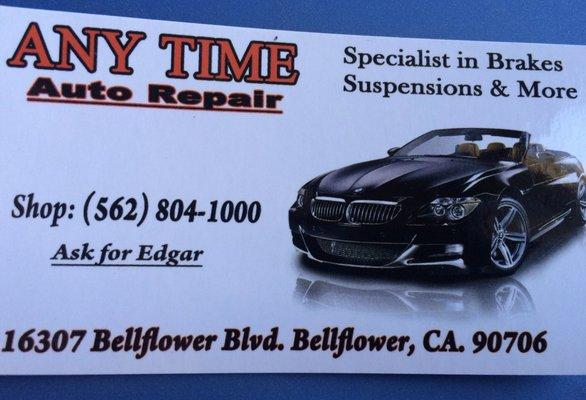 Anytime Auto Repair located in Bellflower Ca. Providing quality workmanship at the lowest price in town. Serving cars for over 30 years!