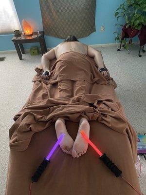 Photon genie added to a hot stone deep tissue massage.