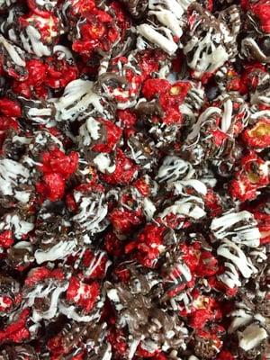 Cherry Cordial (Cherry Corn with White Chocolate, Milk Chocolate and Dark Chocolate Drizzles)