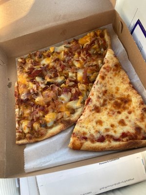 Bacon baked Bacon and Potatoes Pizza, and a plain slice