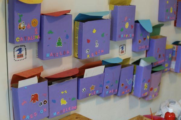 Mailboxes, for students to send each other drawings and notes, in our early literary clinic.