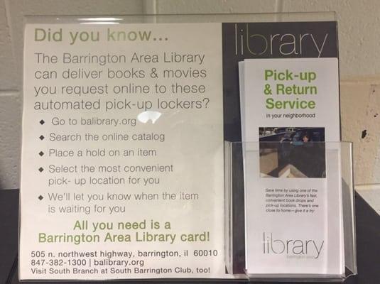 Barrington area library automated pick up/drop off instructions.