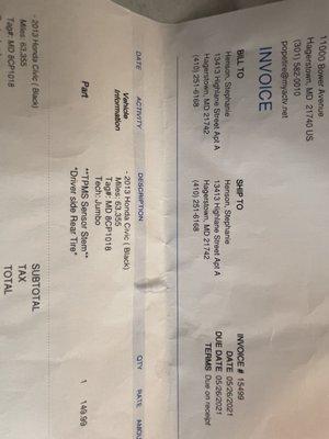 Receipt for sensor they did not replace