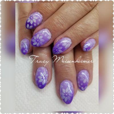 Purple and lavender ombre with airbrushed flowers and mica shimmer.