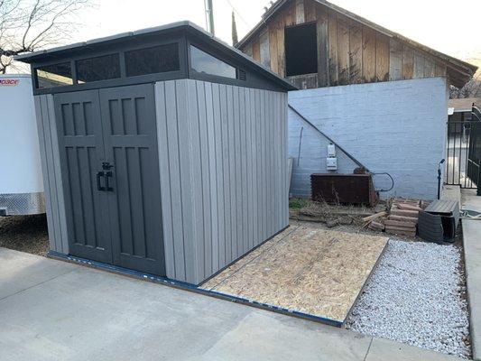 Lifetime Shed Buildout. Had to make subframe for support. The extra part of the frame will be a side addition shed.