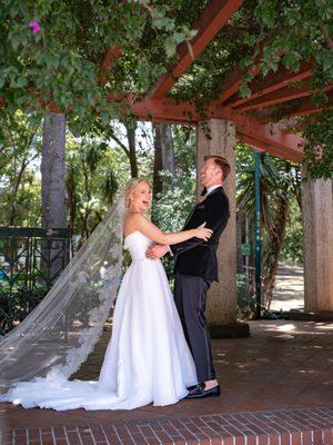 First look. Bride and groom laughing.