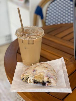 Iced latte, extra shot. Blueberry lemon scone