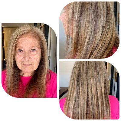 4 inches of grey and orange ends to 10yrs younger and a beautiful color and cut