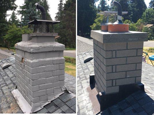 Before and after pictures of a chimney we rebuilt.