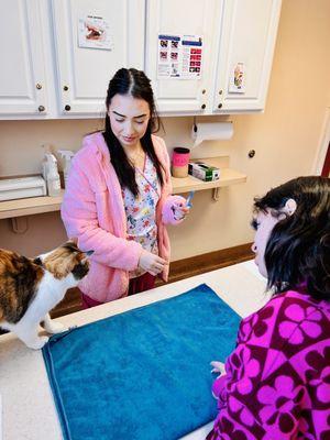 Gentle vet techs . If you have a cat - request gentle non-loud vet techs! These girls rocked!