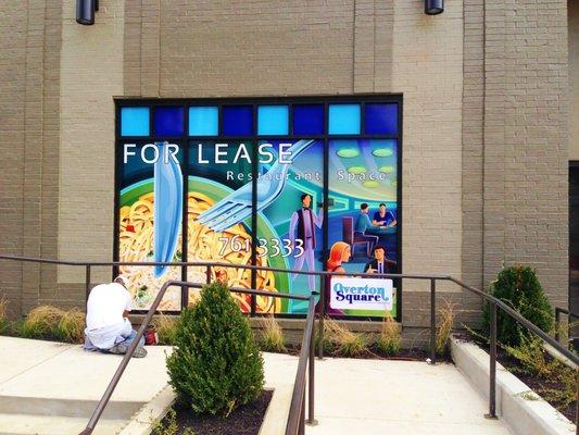 Advertise a lease space with window lettering.