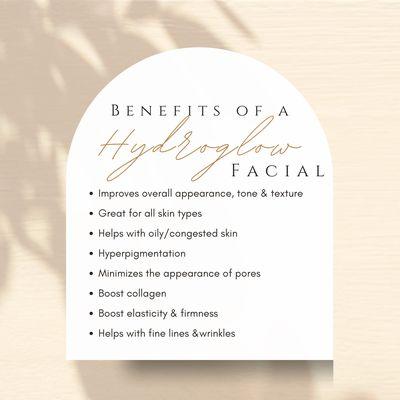 Benefits of a HydroGlow facial.

Perfect for all skin types and leaves you with an instant glow!