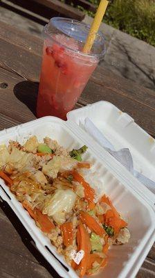 Strawberry Lemonade and Chicken Teriyaki Bowl with steamed rice and veggies