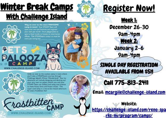 Single and multi day registration is still available for our Winter Break camps! Contact us today to reserve your spot!