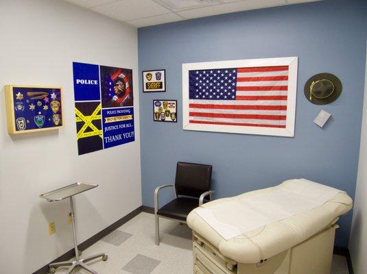 Police themed exam room.