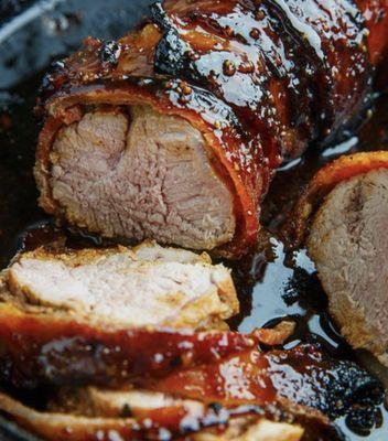 Bacon Wrapped Pork Loin with Peach Glaze