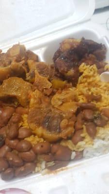 Rice, beans, plantain and stewed oxtail. Mary's Restaurant