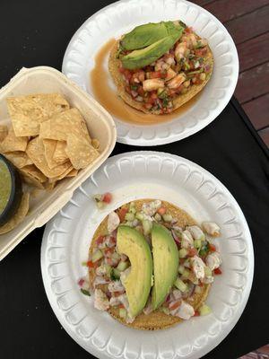 Cooked and Raw shrimp tostada & fresh green salsa