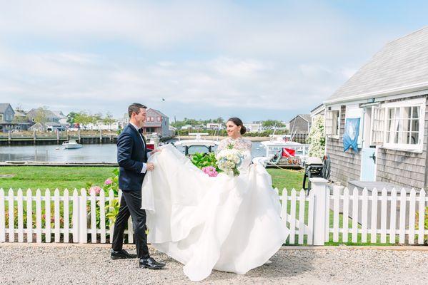 Bride + groom walking together in Nantucket