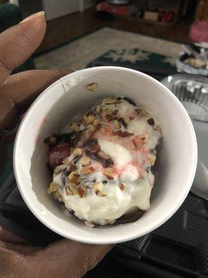 This is supposed to be a 2 scoop Sunday with two toppings..  They make a two scoop Sunday in a small cup.