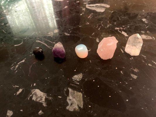 Garnet, purple fluorite, opalite, rose quartz, clear quartz