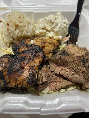 Teriyaki chicken and steak with Mac salad, rice and cabbage