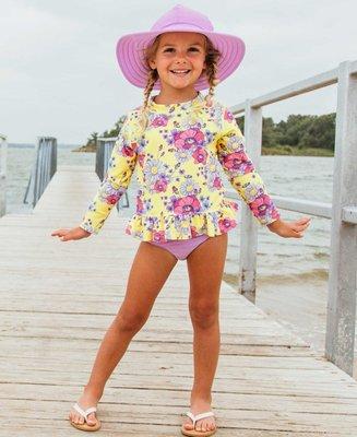 Daisy Delight rash guard and bottoms. UPF 50+ swimwear. Available up to size 10.