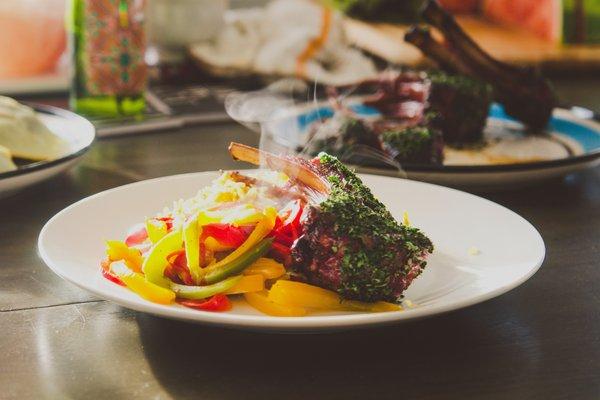 Lamb chops, roasted peppers, w/ lemongrass rice.