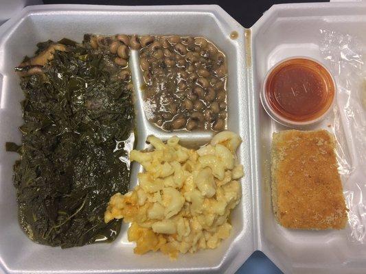 Turnips, collards, mac n cheese & black-eyed peas